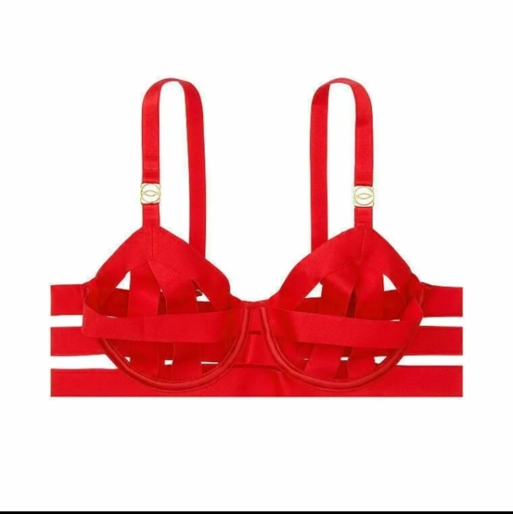 Victoria Secret- Red Banded-Caged Strappy Balconette Bra-34D & 36DD - Picture 2 of 2